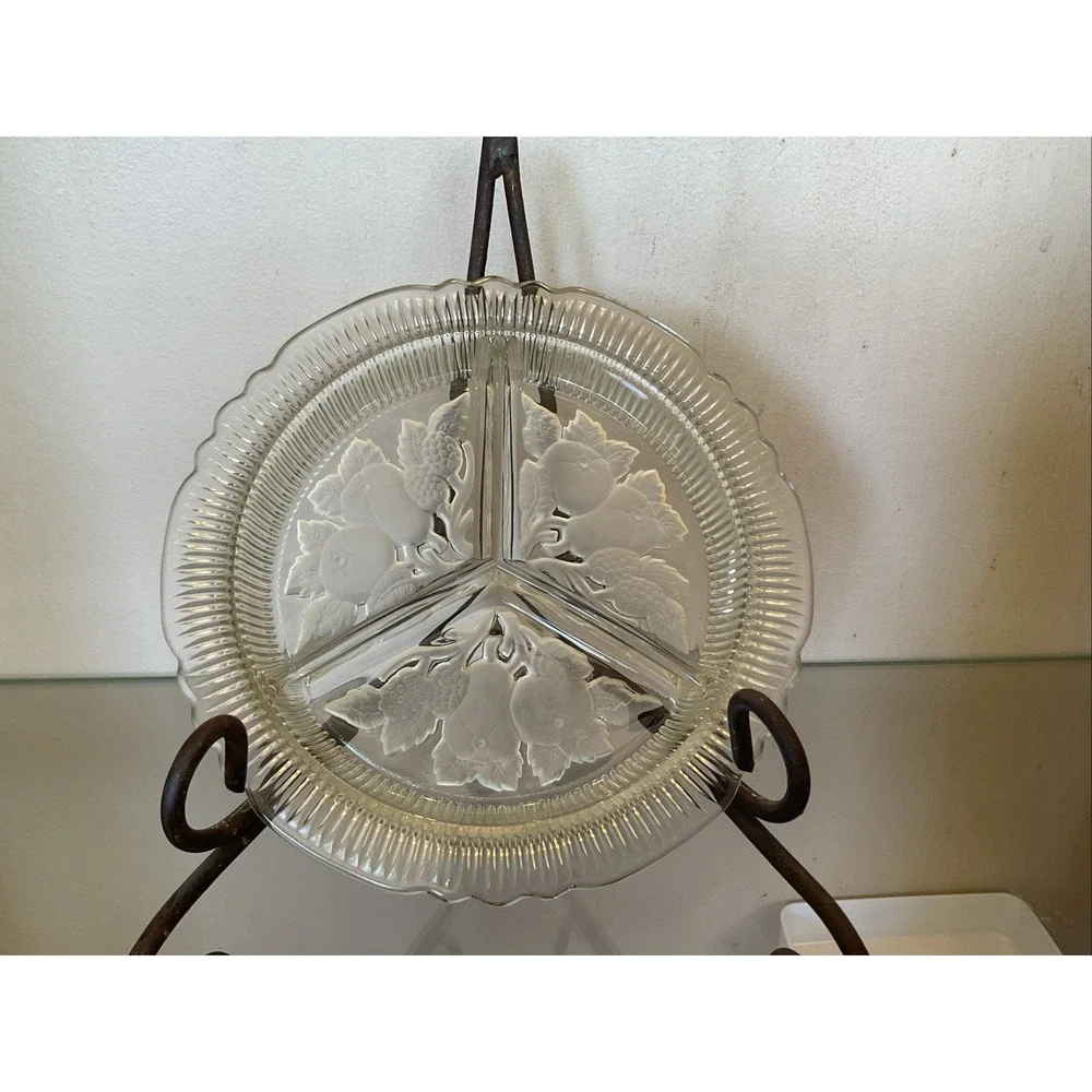 Vintage Imperial Glass Intaglio Fruit Pear 3 Part Divided Appetizer Relish Dish